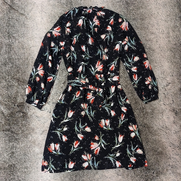 Rebecca Taylor Long Sleeve Button Front Tie Waist Floral Print Dress Women's 8 - Picture 5 of 11